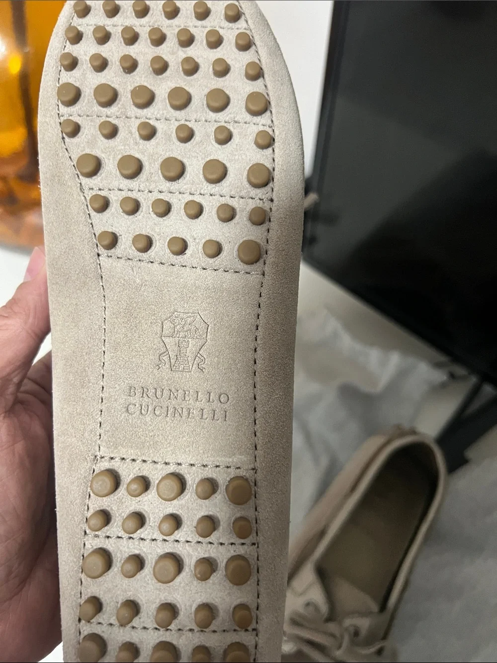 Brunello Cucinelli Taupe Suede and Metallic Trim Boat Shoes